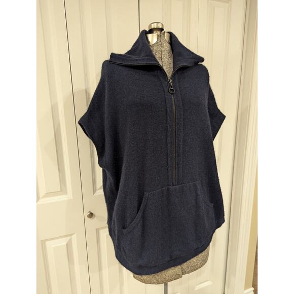 KINROSS Cashmere Short Sleeve quarter Zip poncho Adj. collar. Navy w black. O/S - Picture 8 of 16